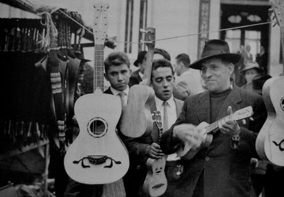 Penafiel (1962) St. Martin's Fair. Guitar player stall of Domingos Manuel Machado. (Source: Oliveira, Ernesto Veiga. 1966. Portuguese Popular Music Instruments. Lisbon, F. C. Gulbenkian).