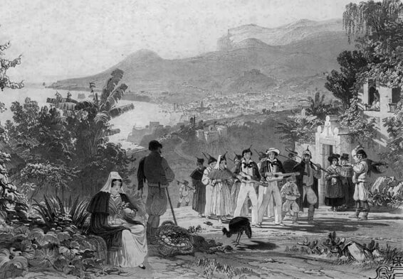 Illustration “Funchal from the East” by Andrew Picken, contained in the work Madeira Illustrated, 1840 (between pp. 4-5 of the chapter “Description of Madeira”, Plate 3).
